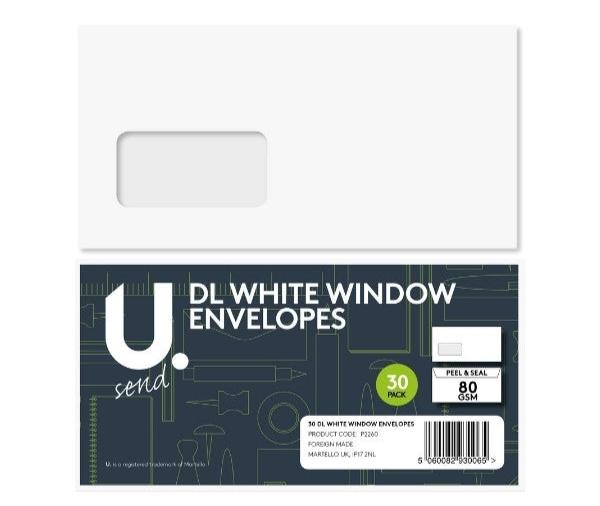 DL White Window Envelopes Peel and Seal 30 Pack