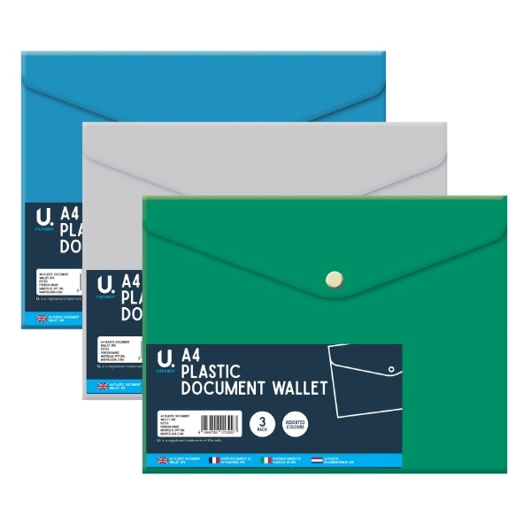 A4 Plastic Document Wallets 3pk With Assorted Colours