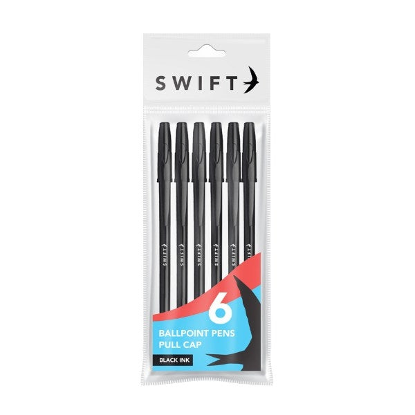 Pull Cap Ballpoint Pens 6pk, Black Ink