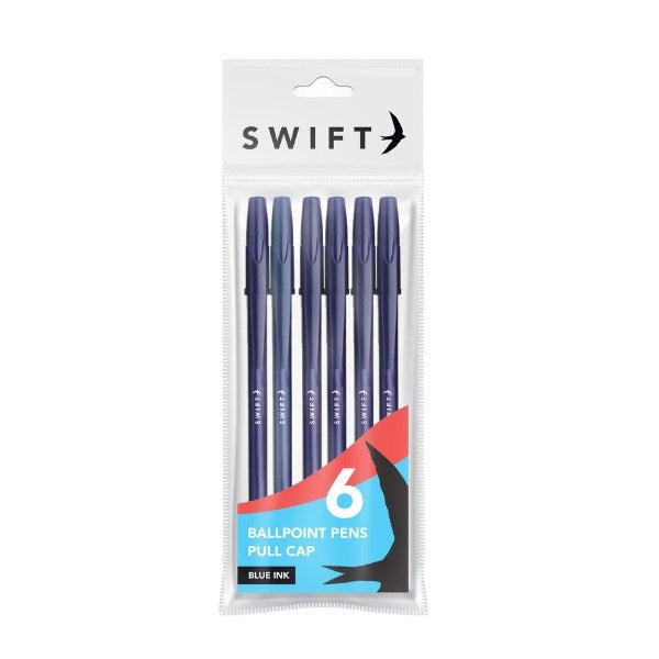 Pull Cap Ballpoint Pens 6pk, Blue Ink