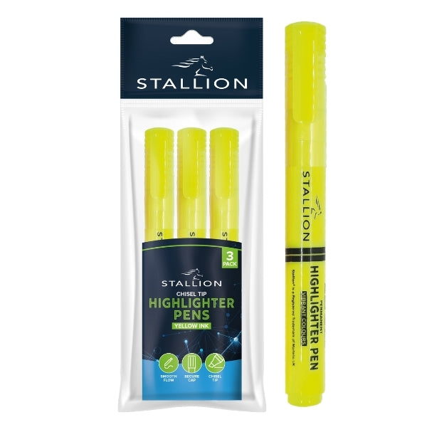 Stallion Chisel Tip Highlighter Pen Yellow Ink 3pk