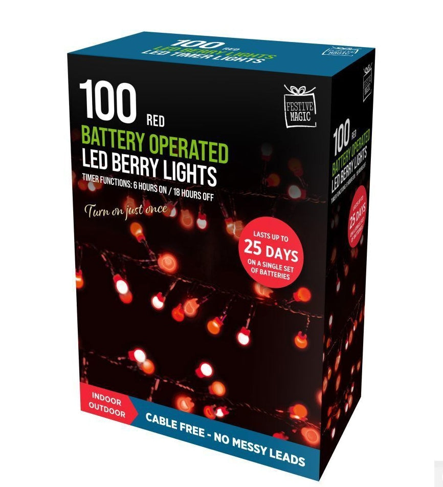 Festive Magic 100 Red LED Berry Lights Battery Operated