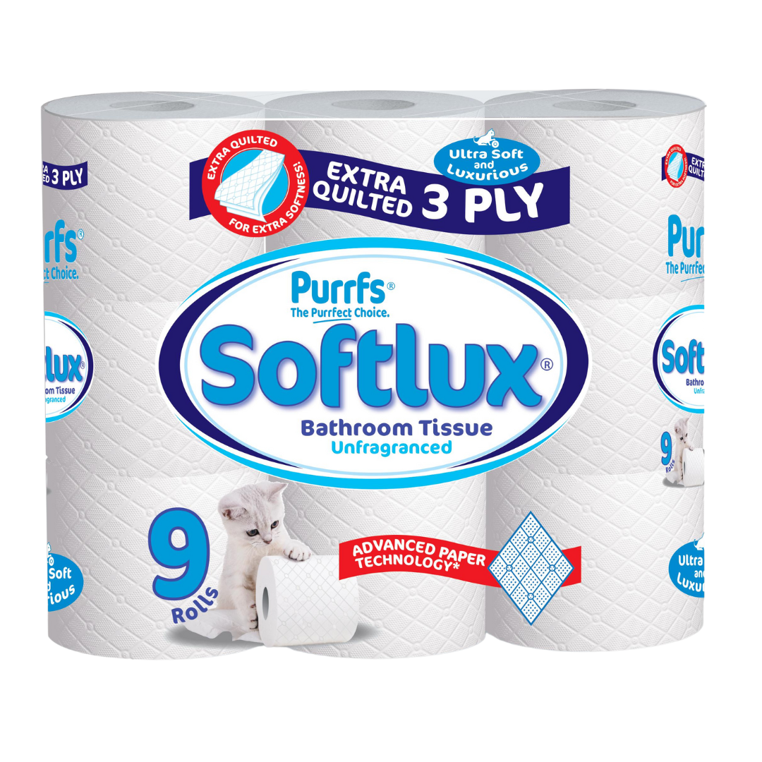 9 pack Softlux Purrfs 3ply Bathroom Luxury Quilted Toilet Rolls Non Scented Tissue