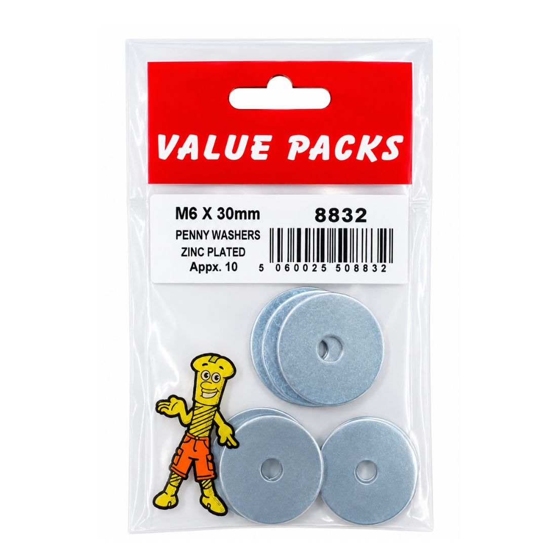 Zinc Plated Penny Washers M6 x 30mm Approx 10 Pack