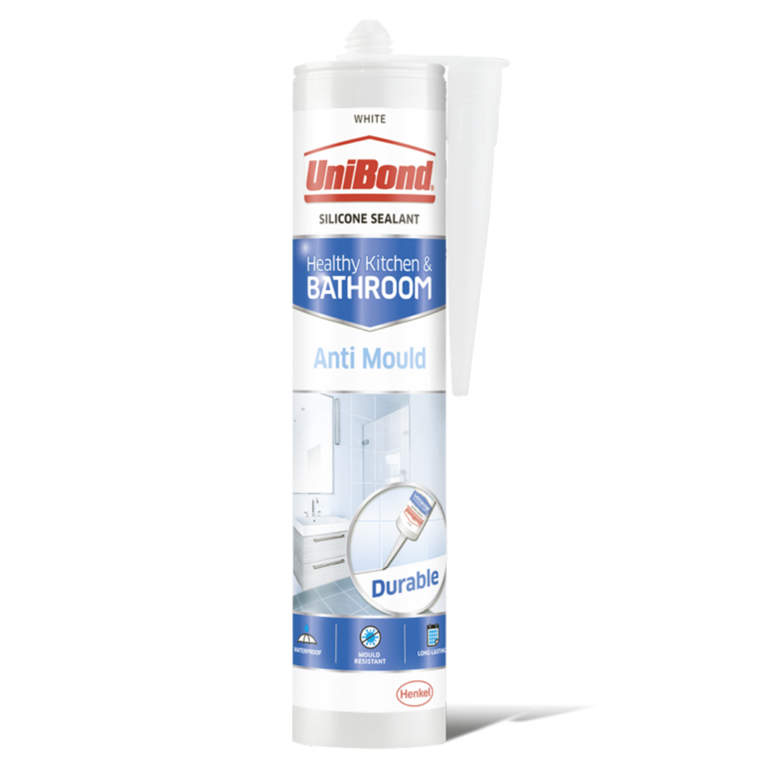 UniBond Anti-Mould White, Waterproof Mould Protection Kitchen & Bathroom Sealant, Long-lasting White Silicone Sealant, Powerful Shower Sealant