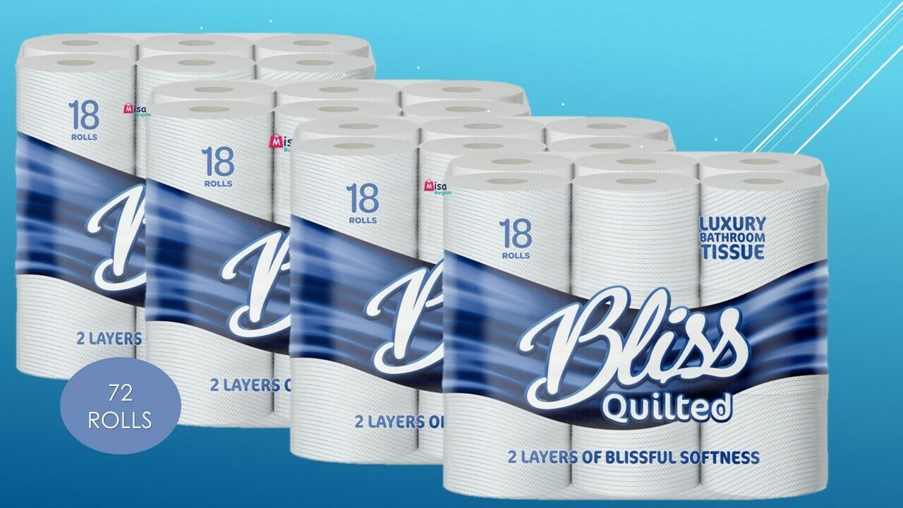 72 Bliss Toilet Rolls 2 Ply 200 Sheet Tissue Luxury Quilted Paper 18x4