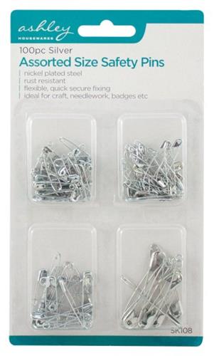 Blackspur 100pc Assorted Size Safety Pins - Silver