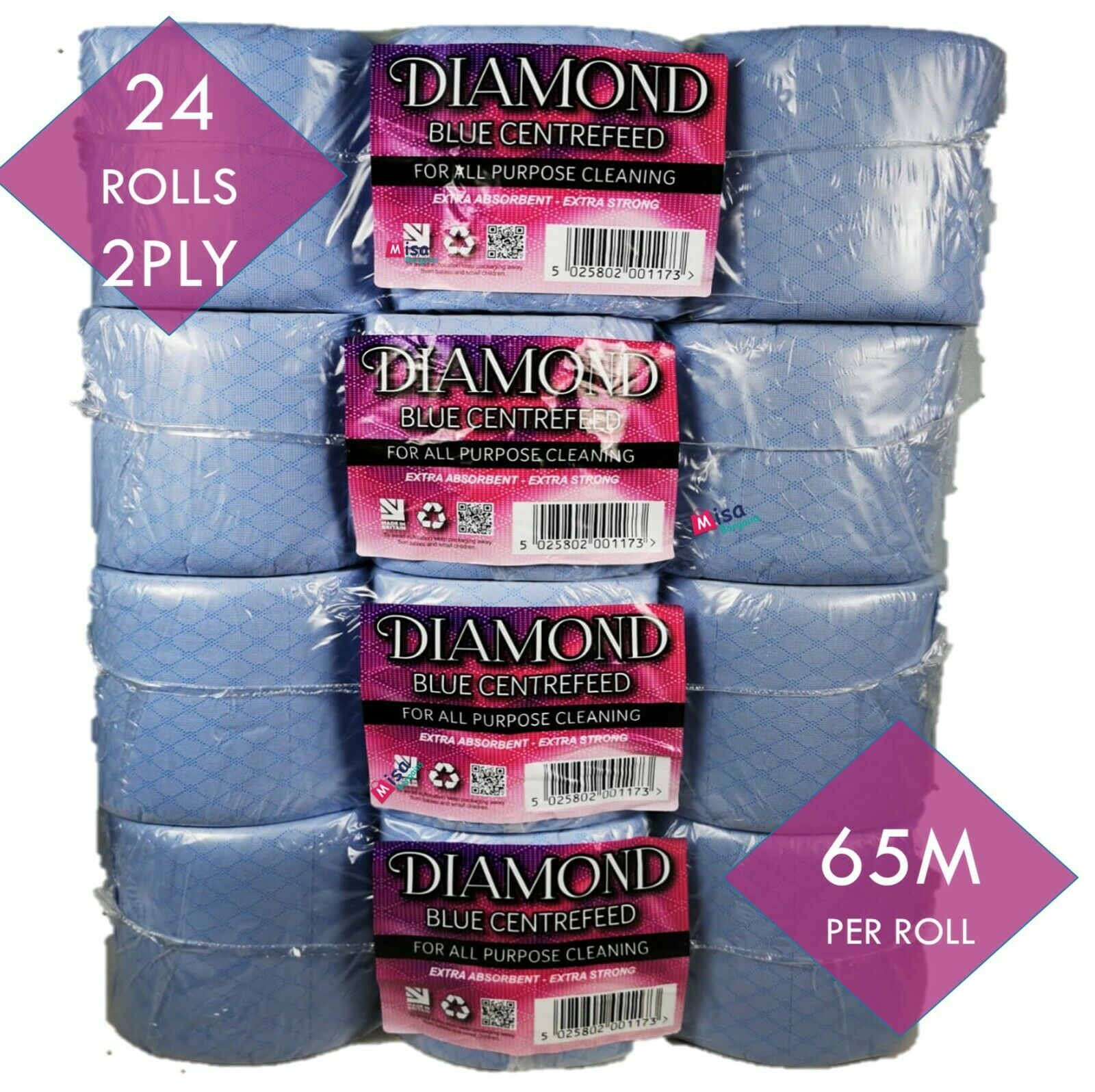 24 Rolls (4 PACKS) 65M Blue Centre feed Rolls Embossed 2ply Wiper Paper Towel
